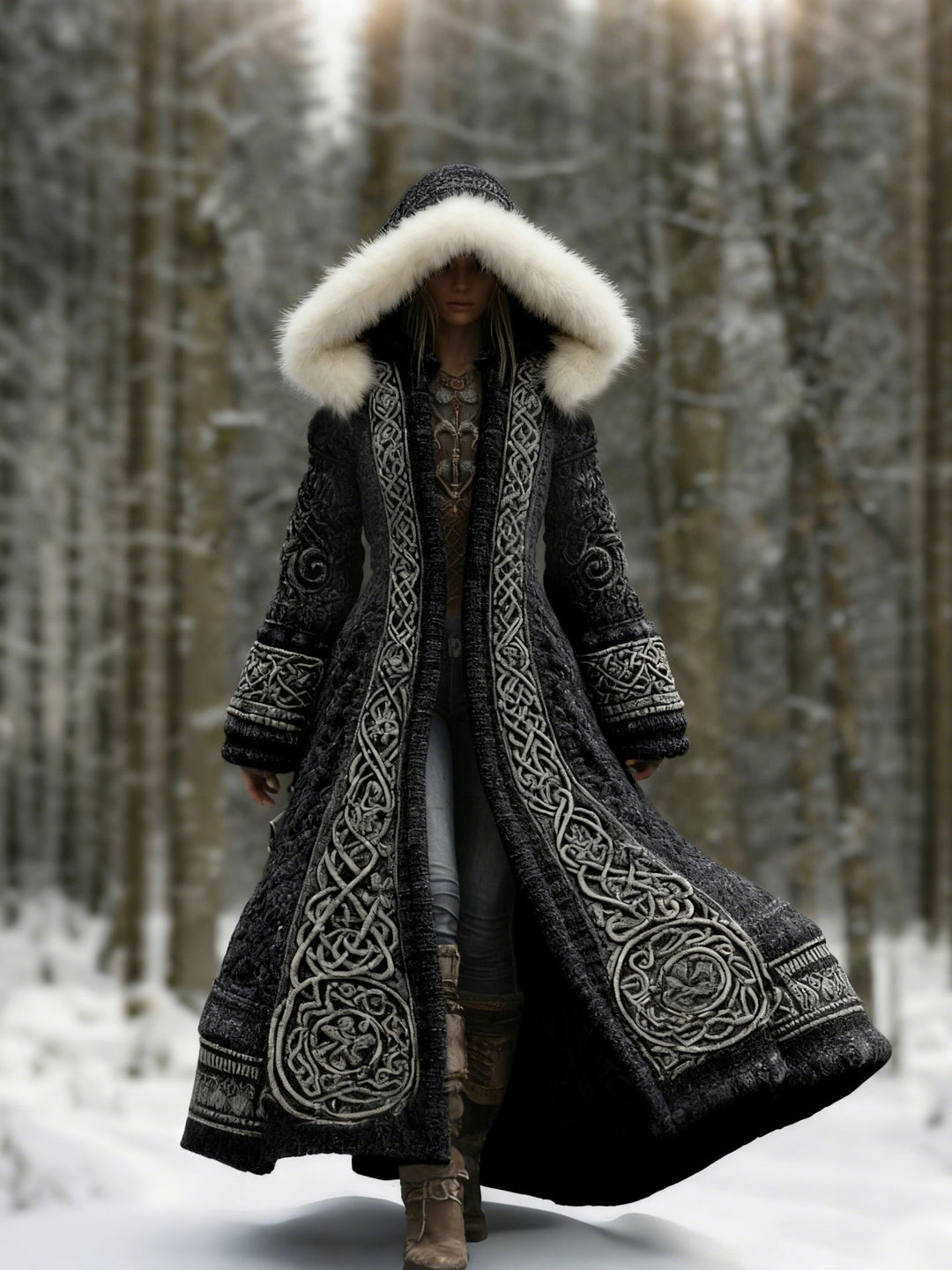 Women's Embroidered Hooded Winter Coat, Flared Maxi Length with Long Sleeves 1