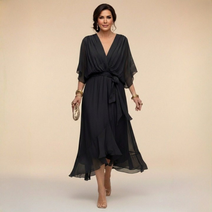 Elegant Flowy Midi Dress for Women – V-Neck & Adjustable Waist 2