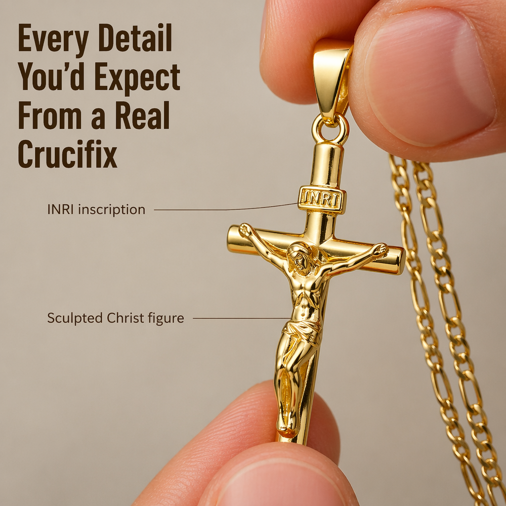 Gold Crucifix Necklace Set with INRI Inscription and Figaro Chain, 2-Pack 2