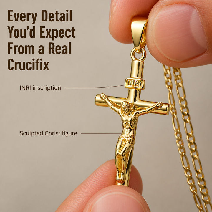 Gold Crucifix Necklace Set with INRI Inscription and Figaro Chain, 2-Pack 2