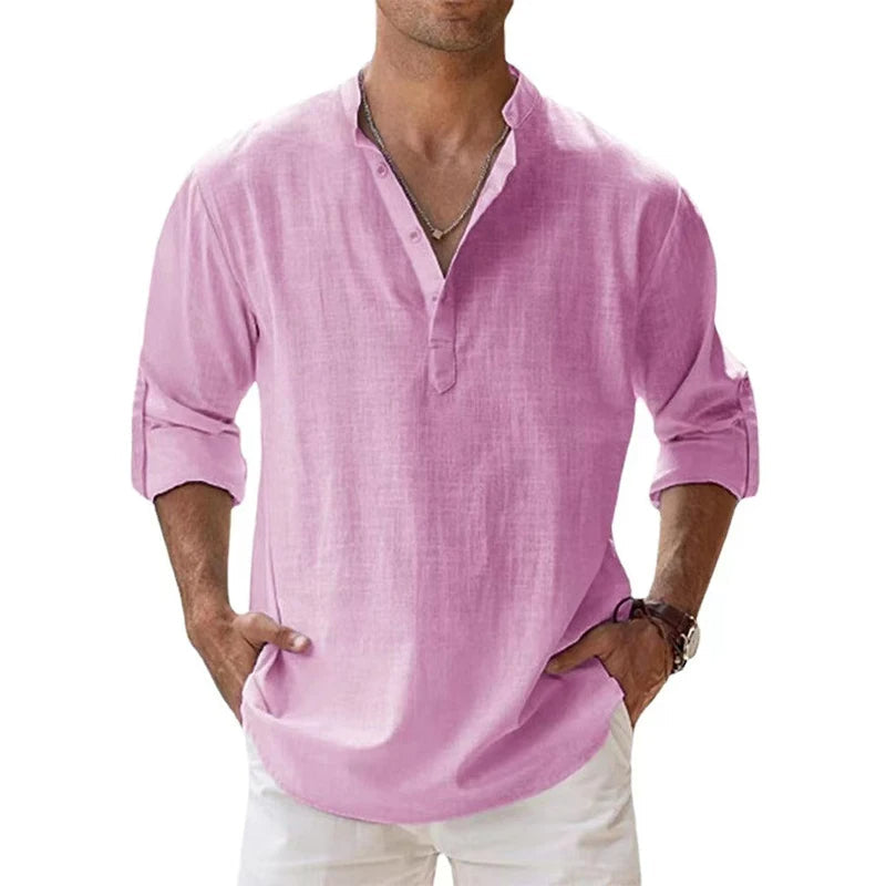 Men's Linen Henley Shirt, Relaxed Fit Button Neck Summer Top 3