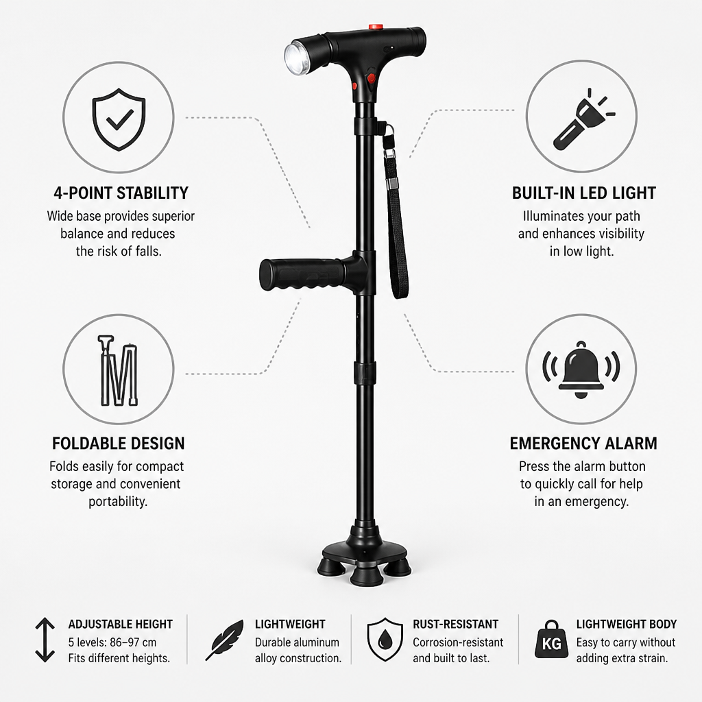 Lightweight Aluminum Folding Walking Cane with 4-Point Base, LED Light & Alarm 4