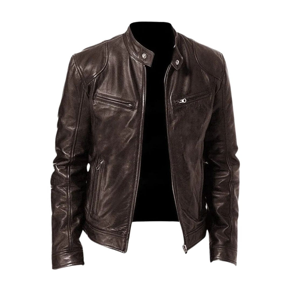 Classic Leather Jacket with Stand Collar for Men 2