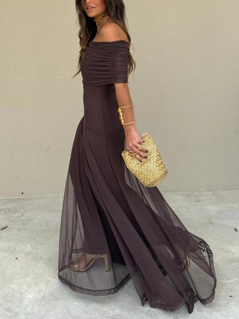 Elegant One-Shoulder Mesh Maxi Dress with Flowing Skirt 13