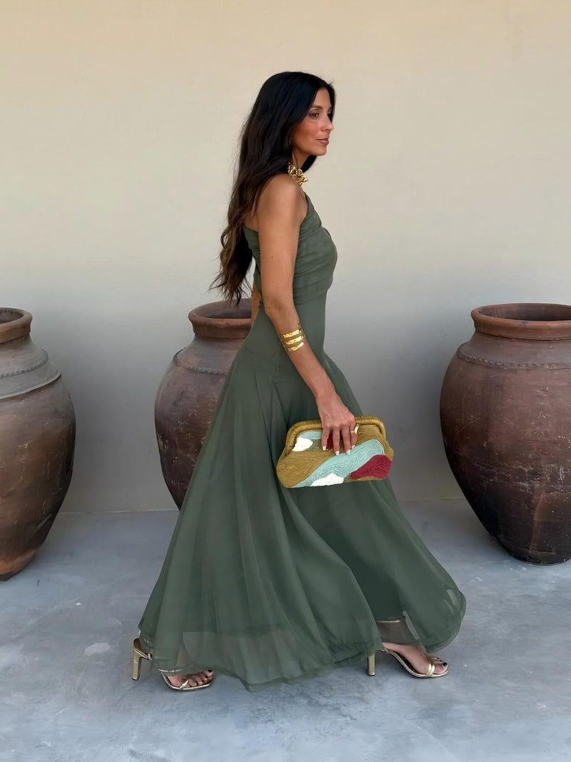 Elegant One-Shoulder Mesh Maxi Dress with Flowing Skirt 9