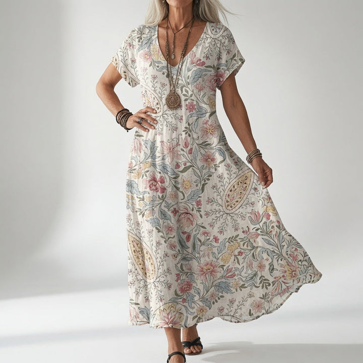 Floral Midi Summer Dress with V-Neck, Short Sleeves and Flowing Cut 1