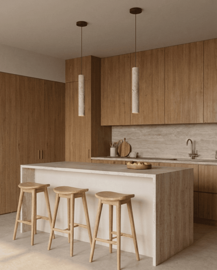 Yellow Travertine Pendant Lamp, Wabi-Sabi Cylinder Design 3