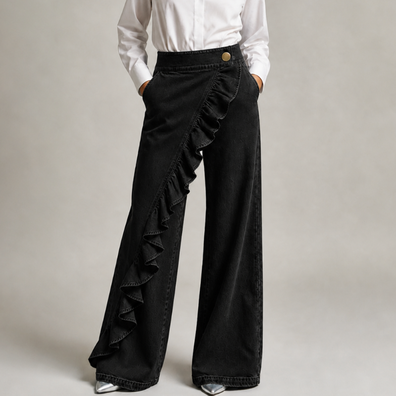 Women's Wide Denim Pants with Asymmetric Ruffle, Culotte Style 7