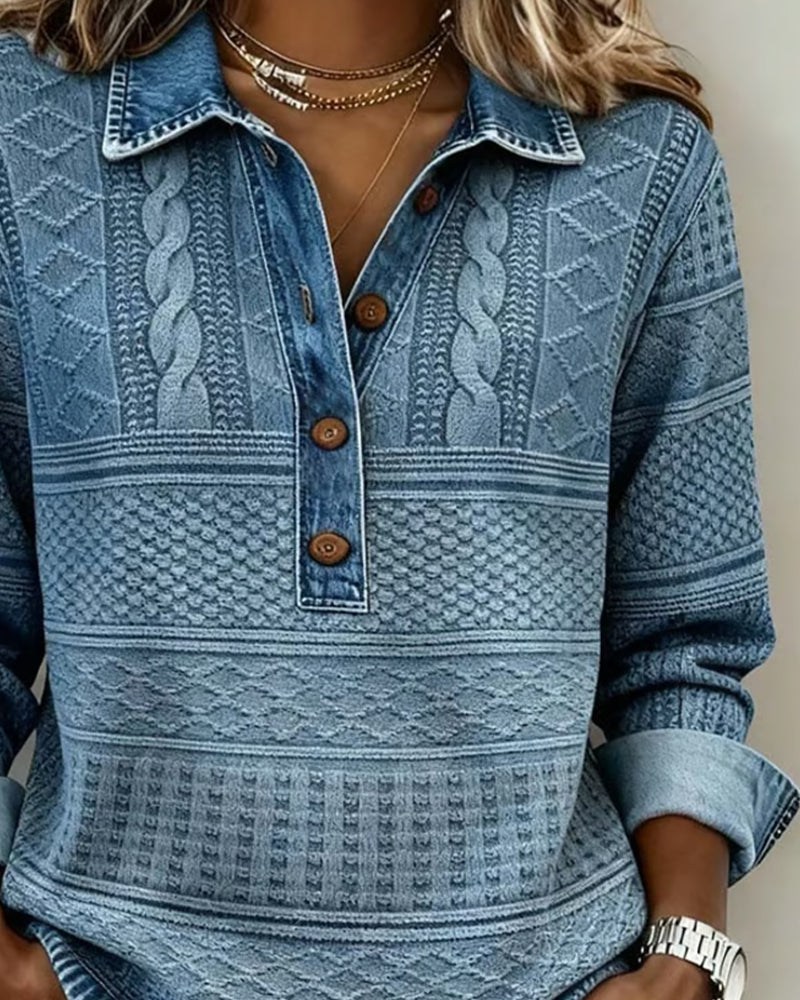 Half-Button Denim-Look Knit Sweater for Women 3