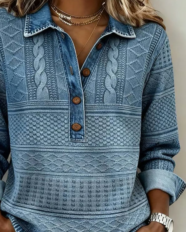 Half-Button Denim-Look Knit Sweater for Women 3