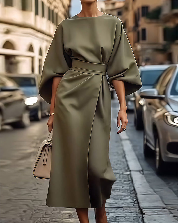 Elegant Belted Dress with Lantern Sleeves for Women 2
