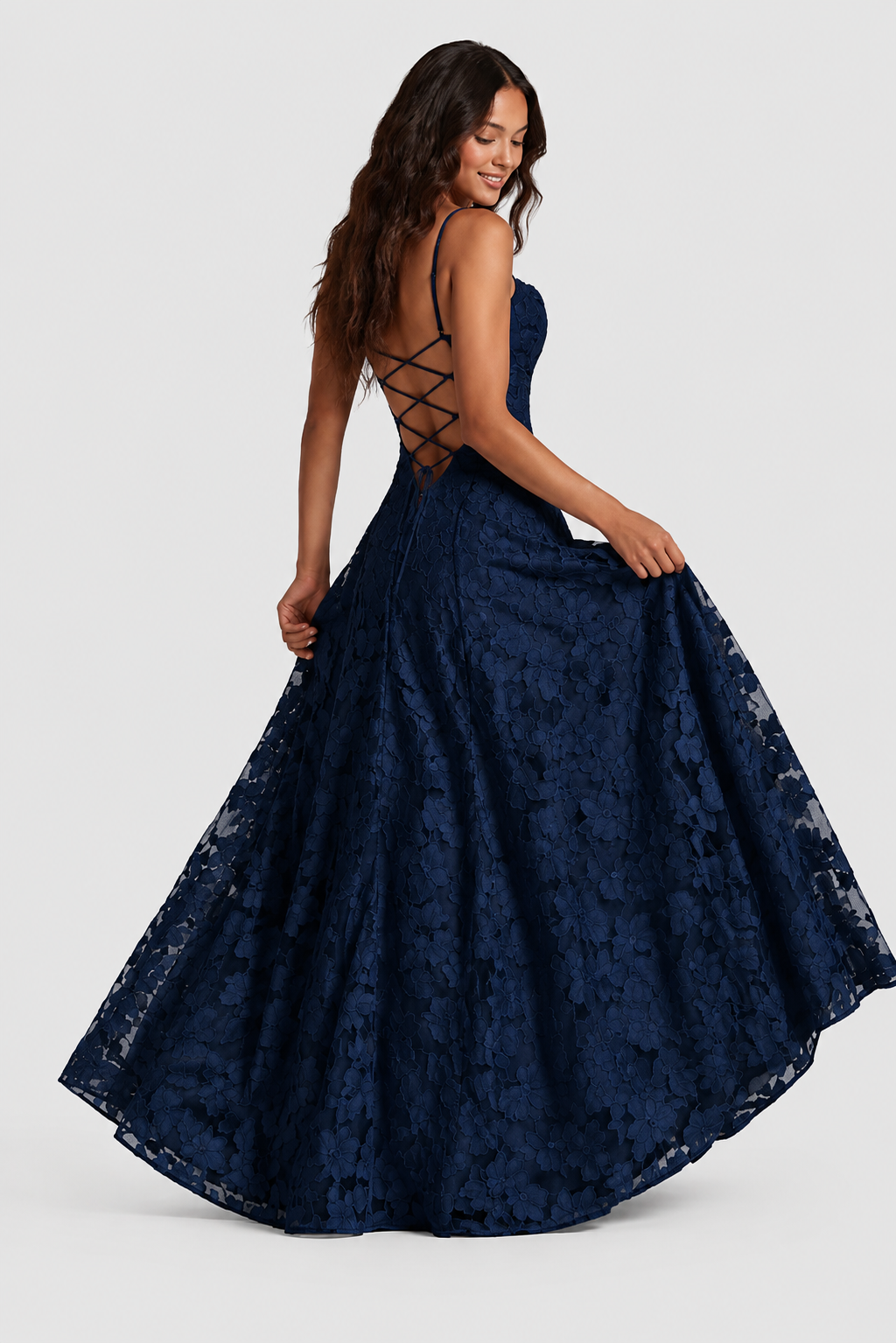 Raised 3D Floral Lace A-Line Midi-Maxi Dress with Draped Neckline 5
