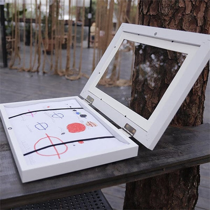 Kids Art Frame with Hinged Opening for A4 Drawings, Holds Up to 150 Pieces, MDF and Tempered Glass 20