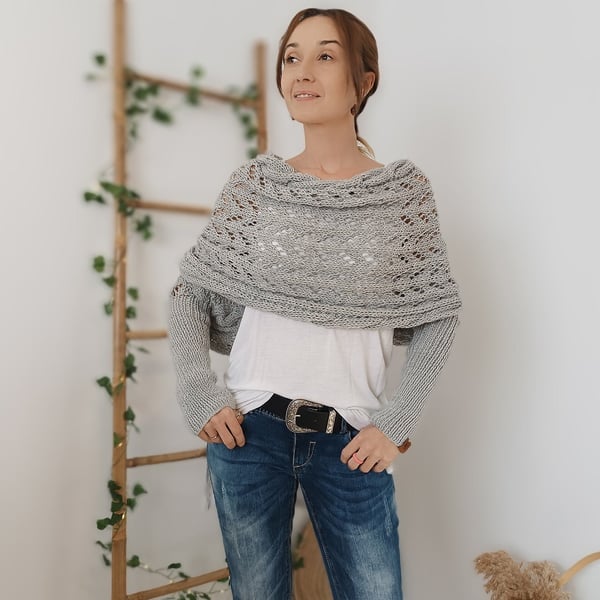 Double Sleeve Wrap Scarf - Cozy Knit Shawl with Built-In Sleeves 8