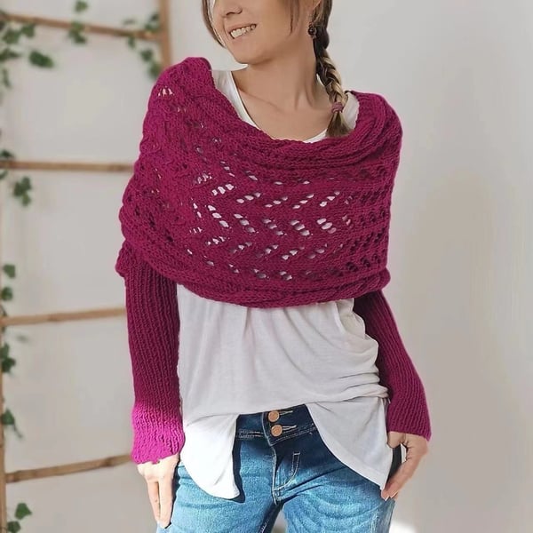 Double Sleeve Wrap Scarf - Cozy Knit Shawl with Built-In Sleeves 21
