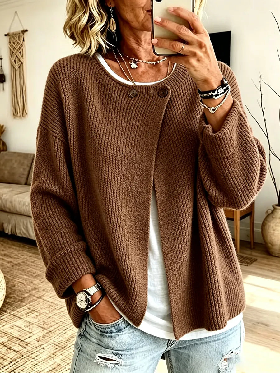 Women's Ribbed Knit Cardigan with Asymmetric Hem and Single Button Front 4