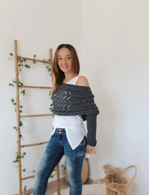 Double Sleeve Wrap Scarf - Cozy Knit Shawl with Built-In Sleeves 4