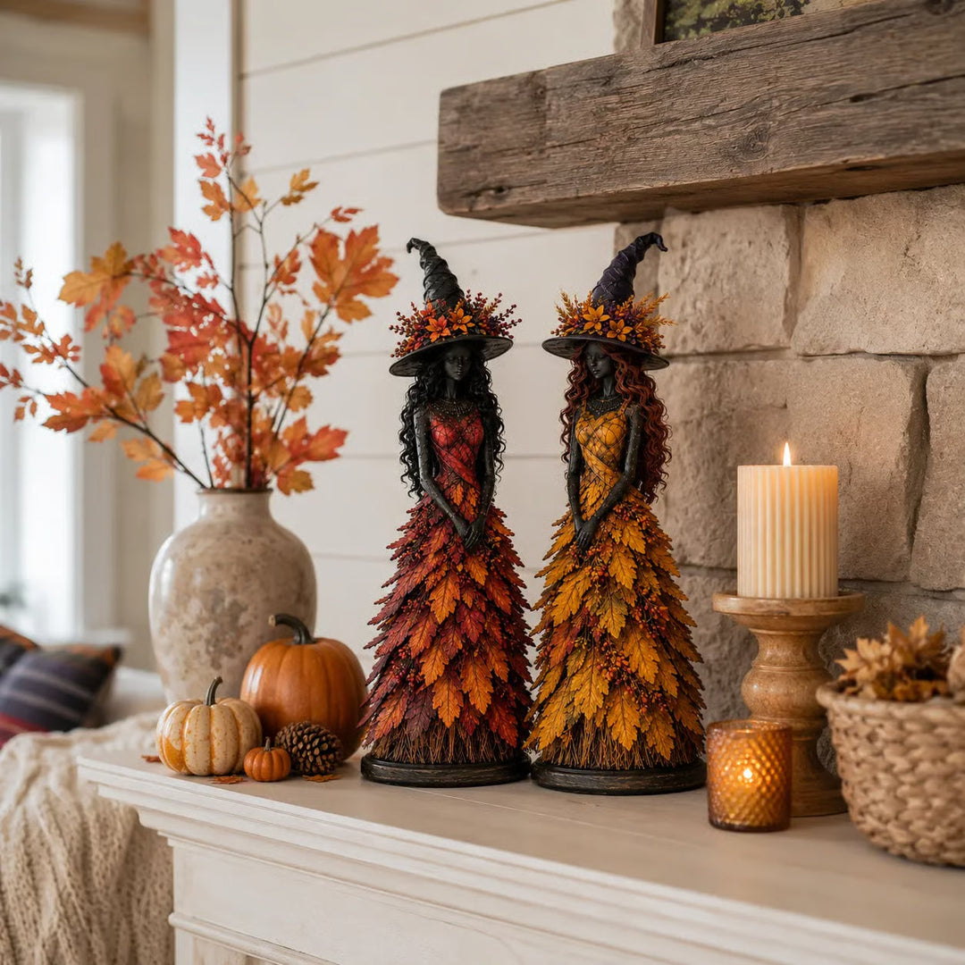 Handmade Autumn Witch Figurine with Hand-Painted Leaf Details 6