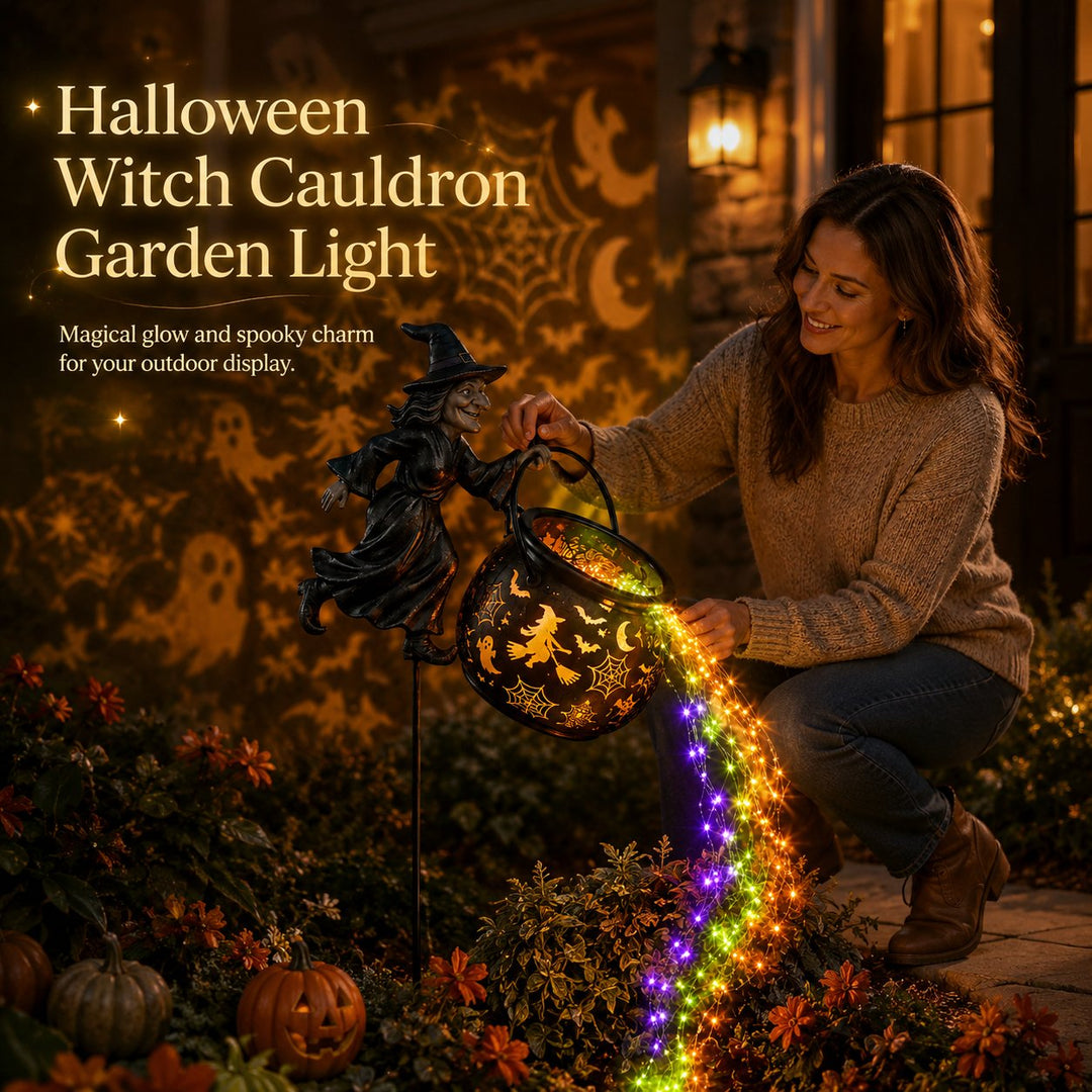 Halloween Witch Cauldron Garden Light with Colorful Glow and Spooky Projections 1