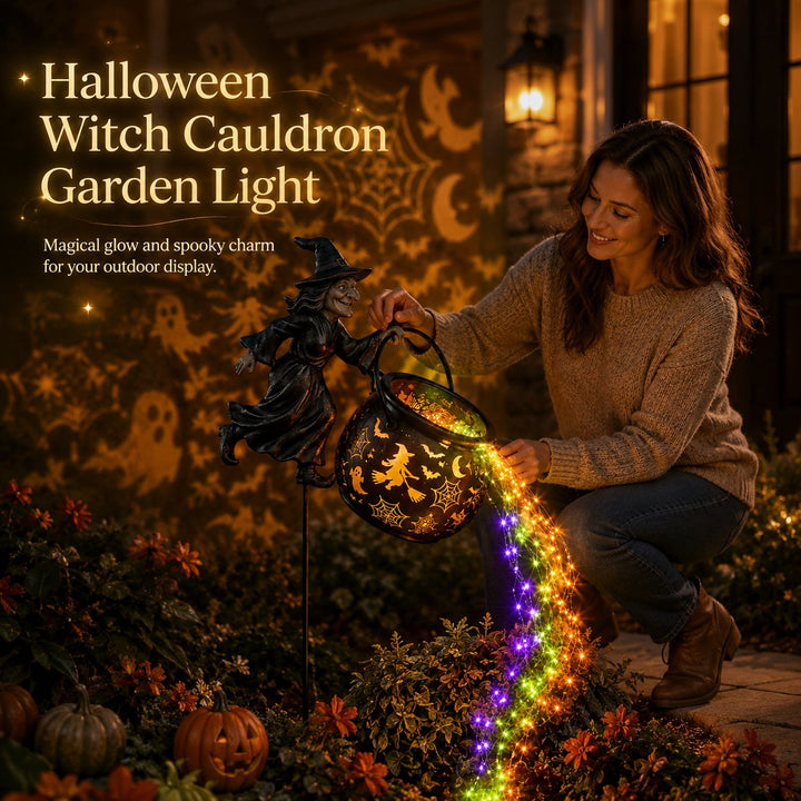 Halloween Witch Cauldron Garden Light with Colorful Glow and Spooky Projections 1