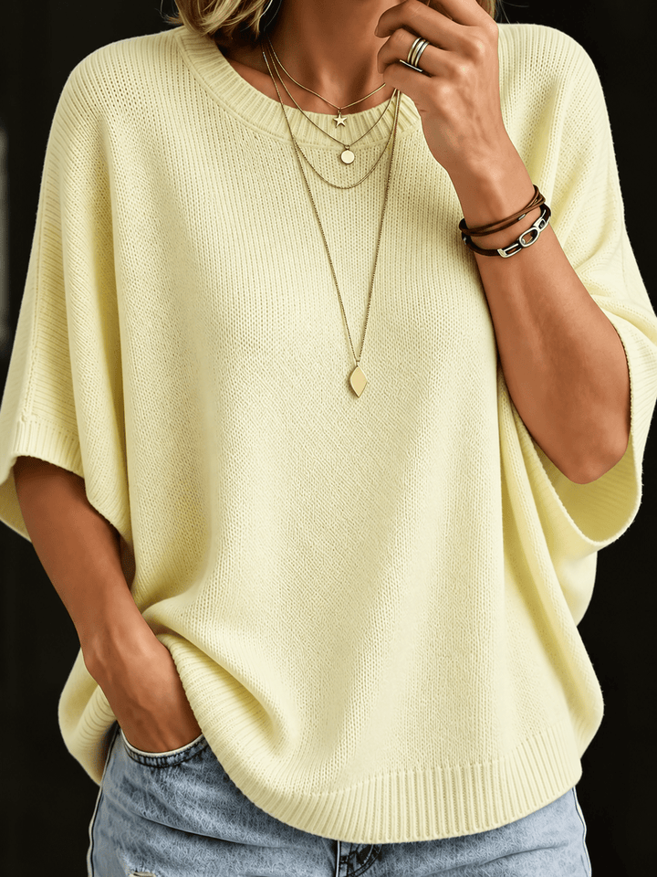 Relaxed Short-Sleeve Knit Batwing Top with Round Neck 4