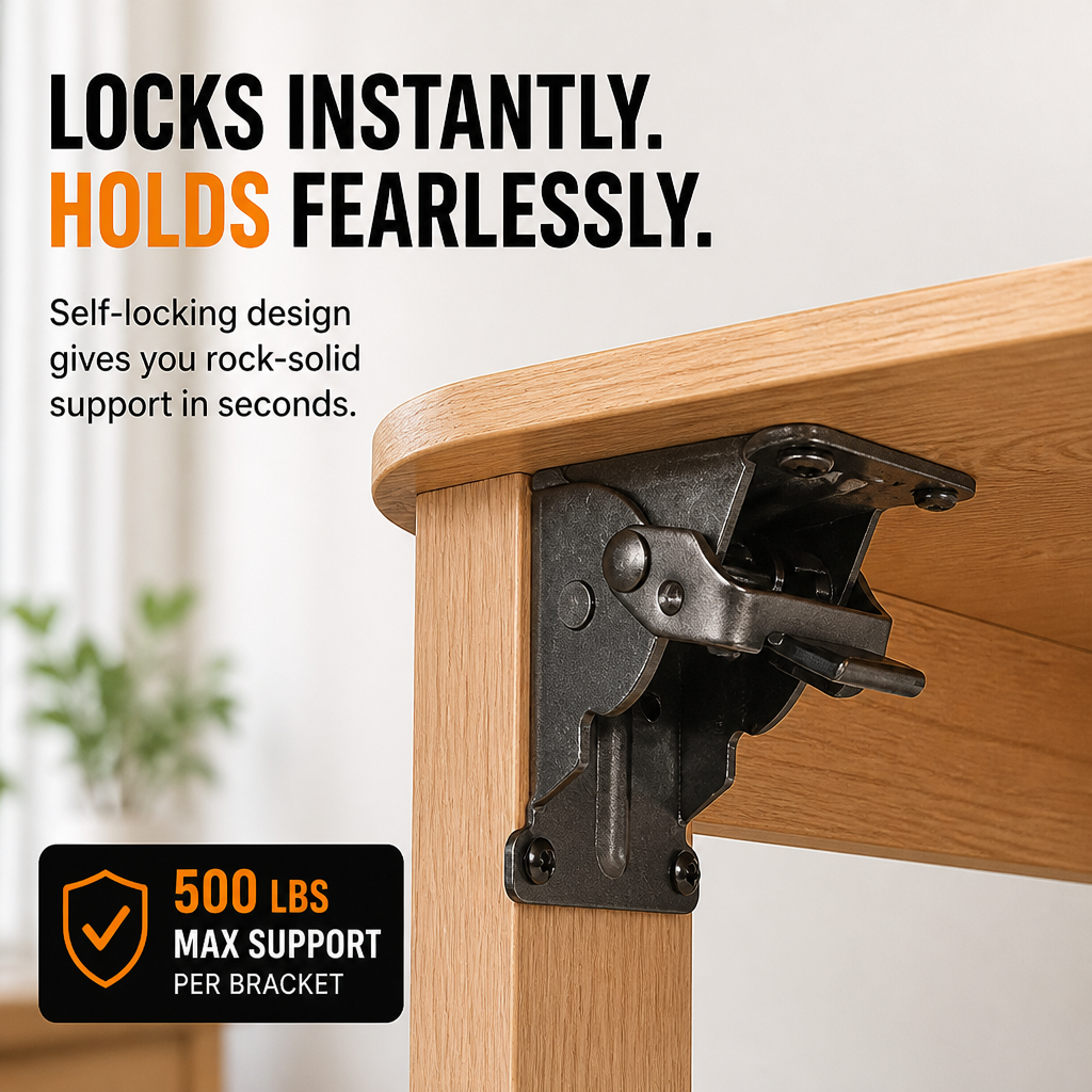 Heavy-Duty Folding Bracket, 500 lb Capacity, Self-Locking Steel, Space-Saving 5