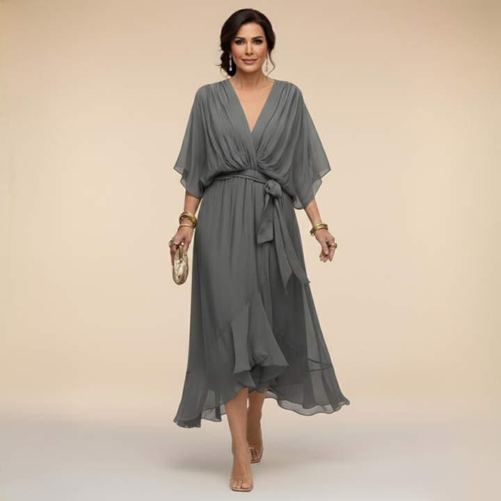 Elegant Flowy Midi Dress for Women – V-Neck & Adjustable Waist 10