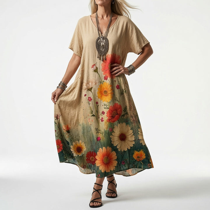 Floral Midi Summer Dress with V-Neck, Short Sleeves and Flowing Cut 3