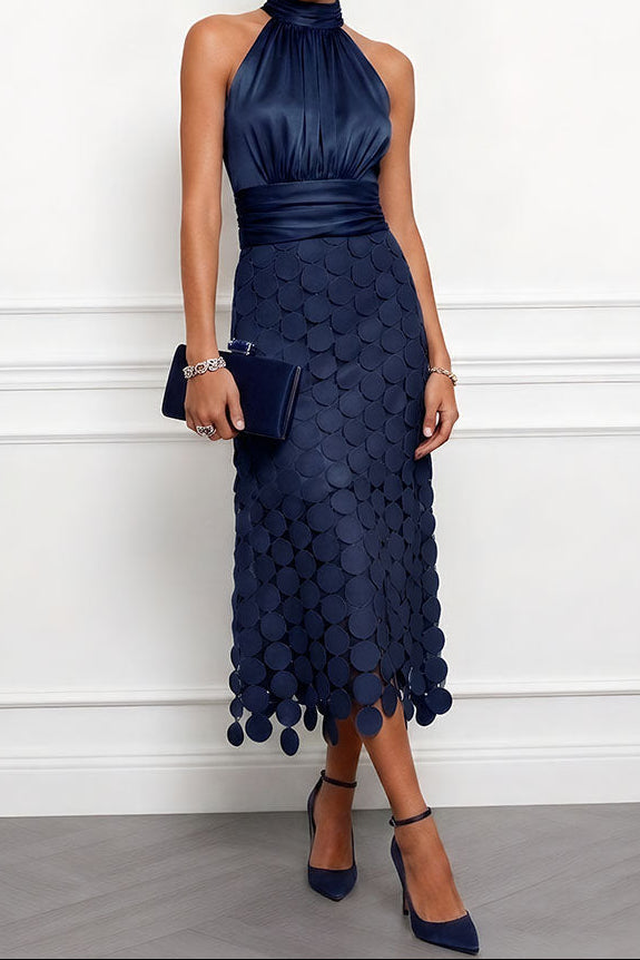 Halter Satin Midi Occasion Dress with Appliqué Skirt 4