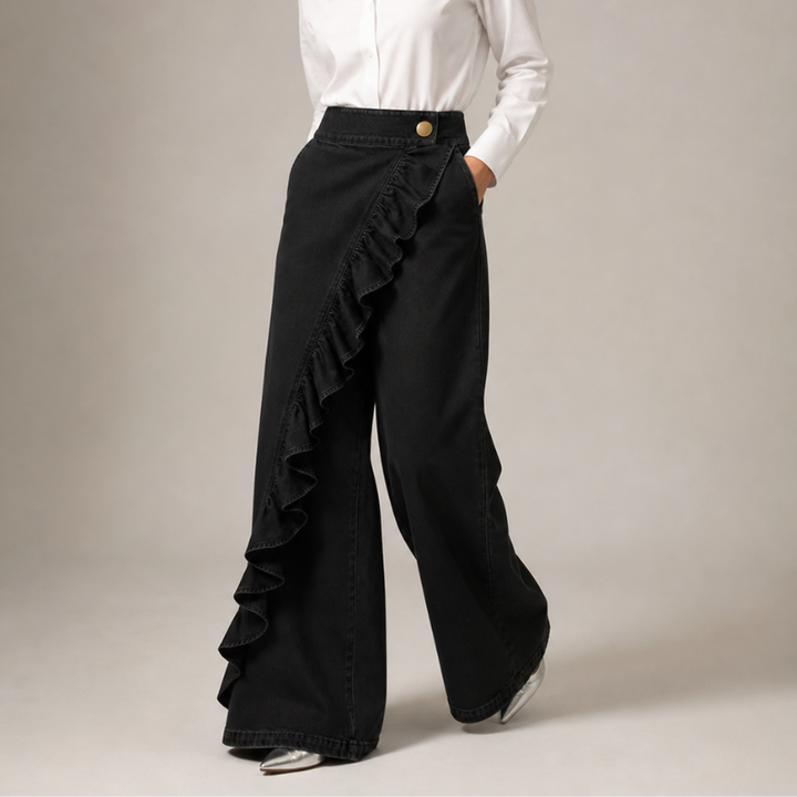 Women's Wide Denim Pants with Asymmetric Ruffle, Culotte Style 3