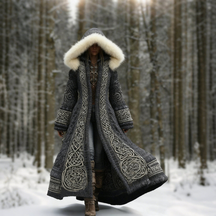 Women's Embroidered Hooded Winter Coat, Flared Maxi Length with Long Sleeves 5