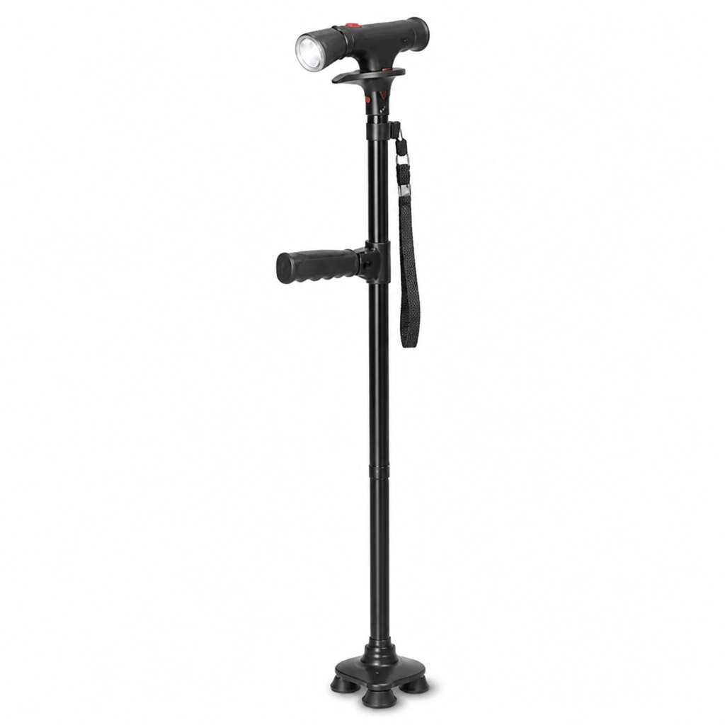 Lightweight Aluminum Folding Walking Cane with 4-Point Base, LED Light & Alarm 5