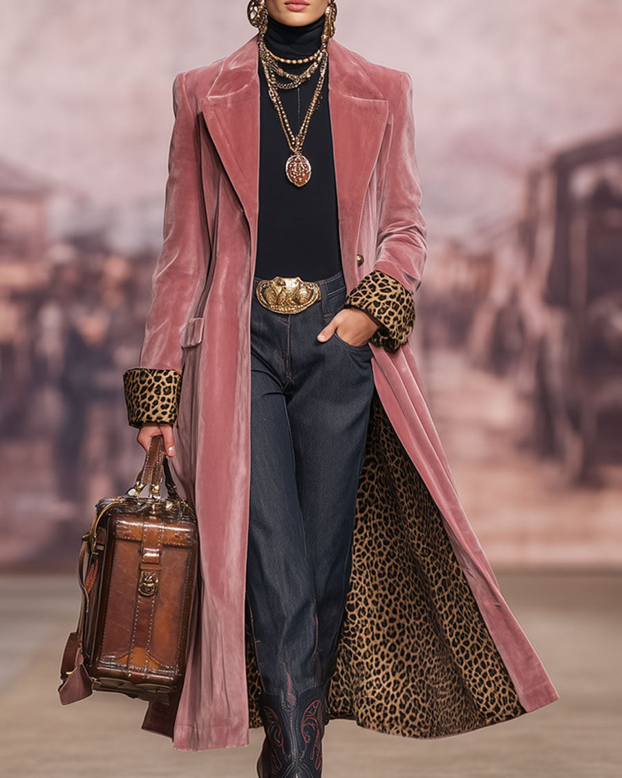 Longline Tailored Velvet-Effect Coat with Leopard-Print Lining 3