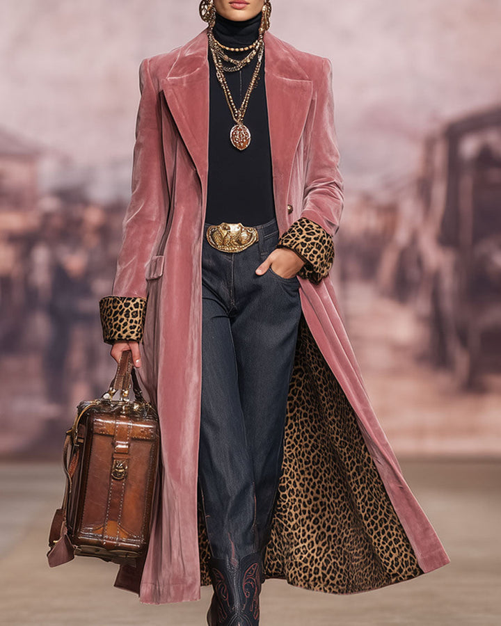 Longline Tailored Velvet-Effect Coat with Leopard-Print Lining 3