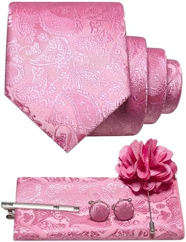 Men's Paisley Tie Set with Pocket Square, Cufflinks, Tie Clip and Lapel Brooch 26