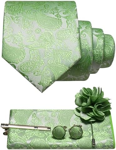 Men's Paisley Tie Set with Pocket Square, Cufflinks, Tie Clip and Lapel Brooch 22