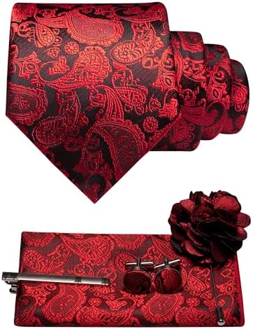 Men's Paisley Tie Set with Pocket Square, Cufflinks, Tie Clip and Lapel Brooch 8