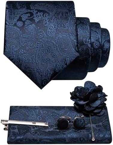 Men's Paisley Tie Set with Pocket Square, Cufflinks, Tie Clip and Lapel Brooch 6