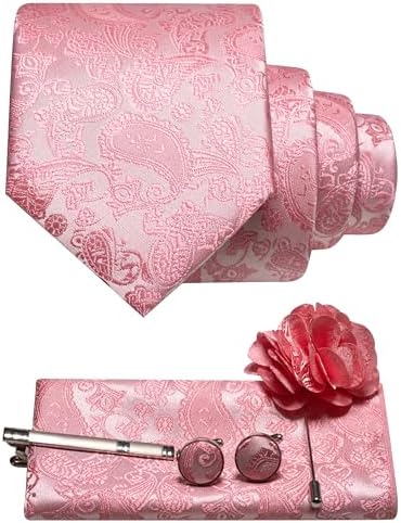 Men's Paisley Tie Set with Pocket Square, Cufflinks, Tie Clip and Lapel Brooch 29