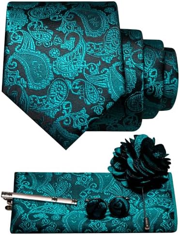 Men's Paisley Tie Set with Pocket Square, Cufflinks, Tie Clip and Lapel Brooch 25