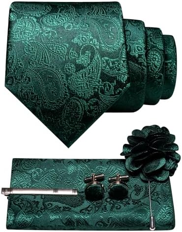 Men's Paisley Tie Set with Pocket Square, Cufflinks, Tie Clip and Lapel Brooch 4