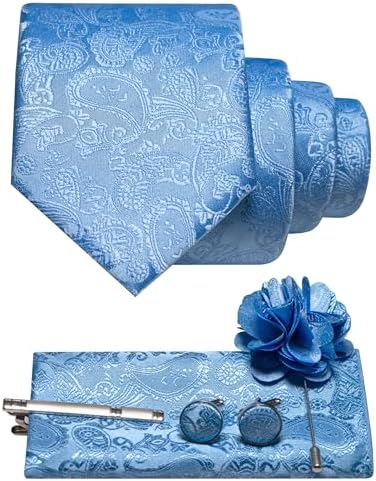 Men's Paisley Tie Set with Pocket Square, Cufflinks, Tie Clip and Lapel Brooch 33