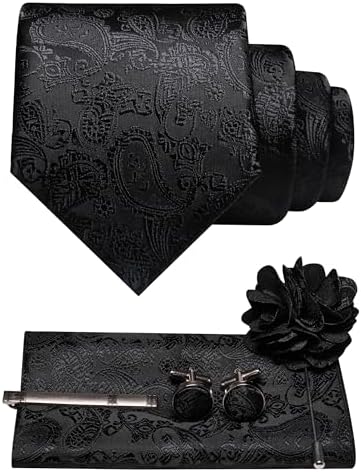 Men's Paisley Tie Set with Pocket Square, Cufflinks, Tie Clip and Lapel Brooch 9