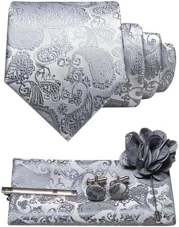 Men's Paisley Tie Set with Pocket Square, Cufflinks, Tie Clip and Lapel Brooch 31