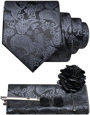 Men's Paisley Tie Set with Pocket Square, Cufflinks, Tie Clip and Lapel Brooch 12
