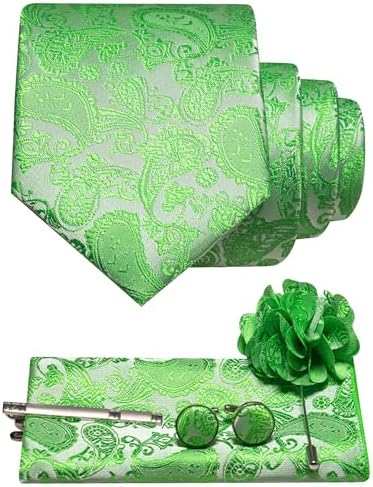 Men's Paisley Tie Set with Pocket Square, Cufflinks, Tie Clip and Lapel Brooch 17