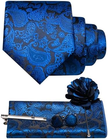 Men's Paisley Tie Set with Pocket Square, Cufflinks, Tie Clip and Lapel Brooch 14