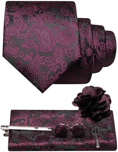 Men's Paisley Tie Set with Pocket Square, Cufflinks, Tie Clip and Lapel Brooch 27
