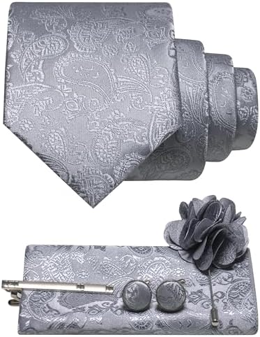 Men's Paisley Tie Set with Pocket Square, Cufflinks, Tie Clip and Lapel Brooch 32