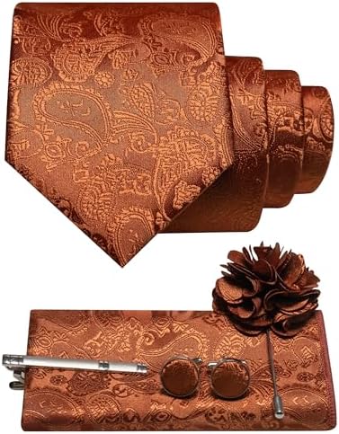 Men's Paisley Tie Set with Pocket Square, Cufflinks, Tie Clip and Lapel Brooch 15